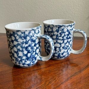 Vintage pair of Folk craft sponge ware blue and white mugs